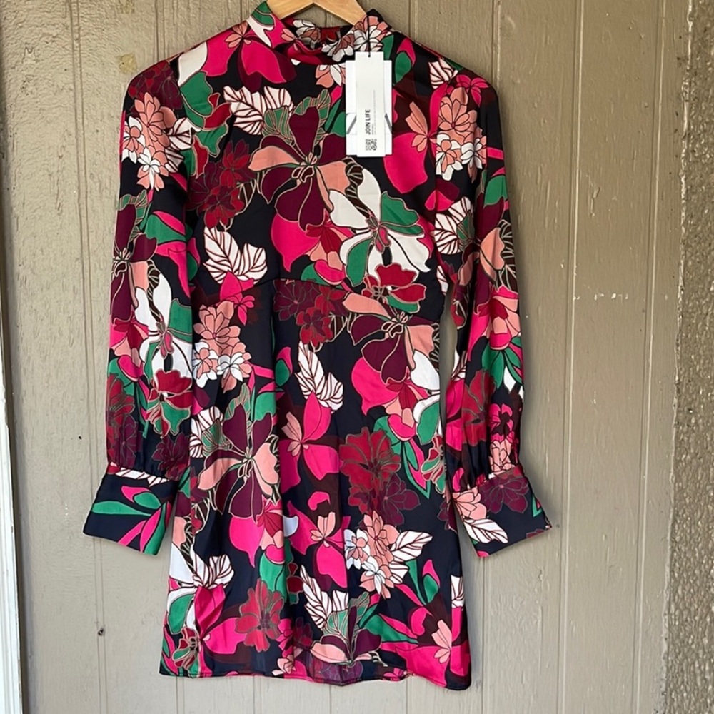 Zara Satin Effect Floral Long Sleeve Dress